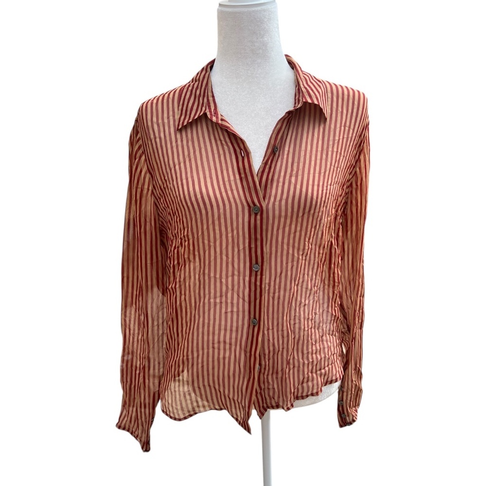 Vintage 100% Silk Burgundy & Tan Striped Blouse